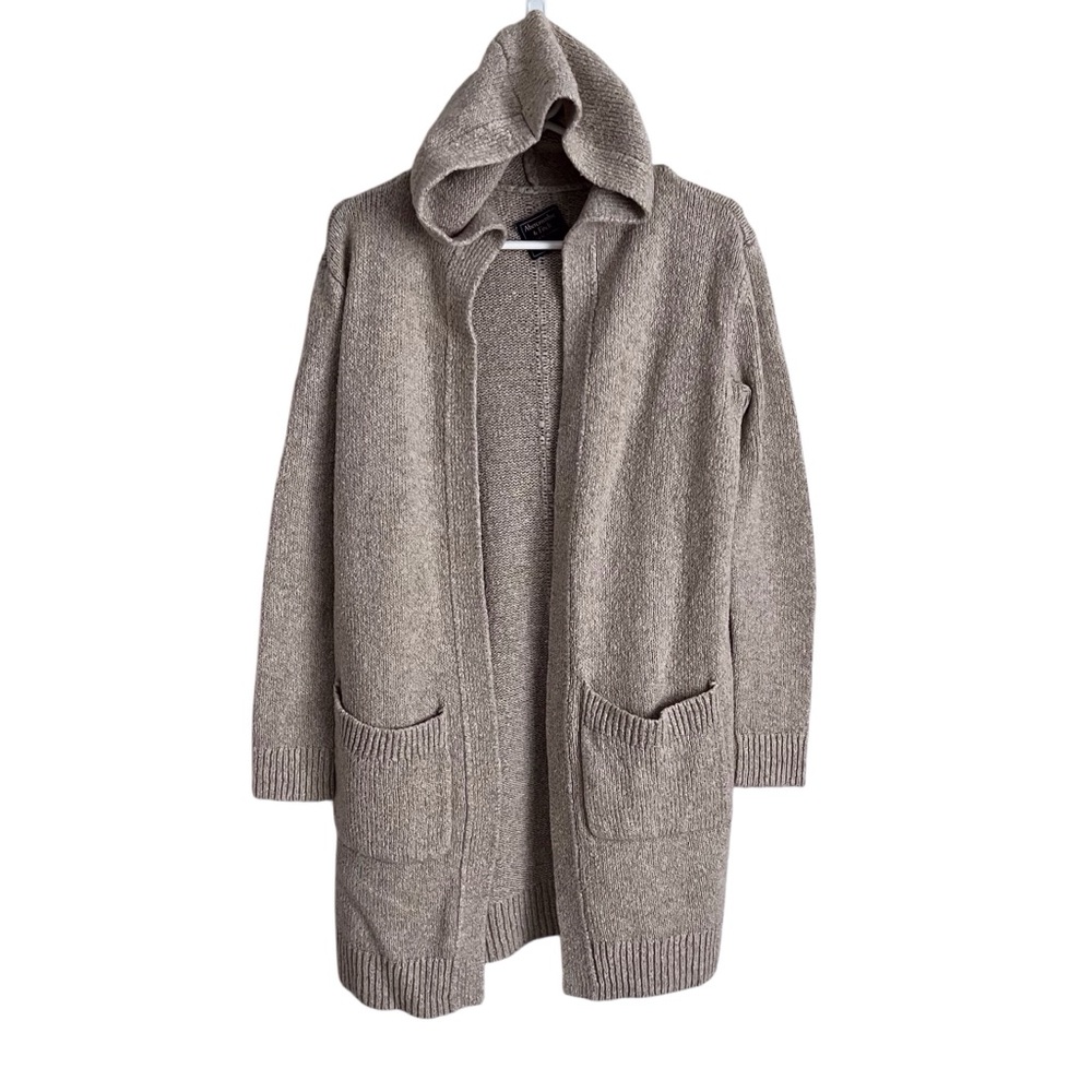 Abercrombie Cardigan Sweater Oatmeal Tan Heathered Hooded Open Front Knit XS